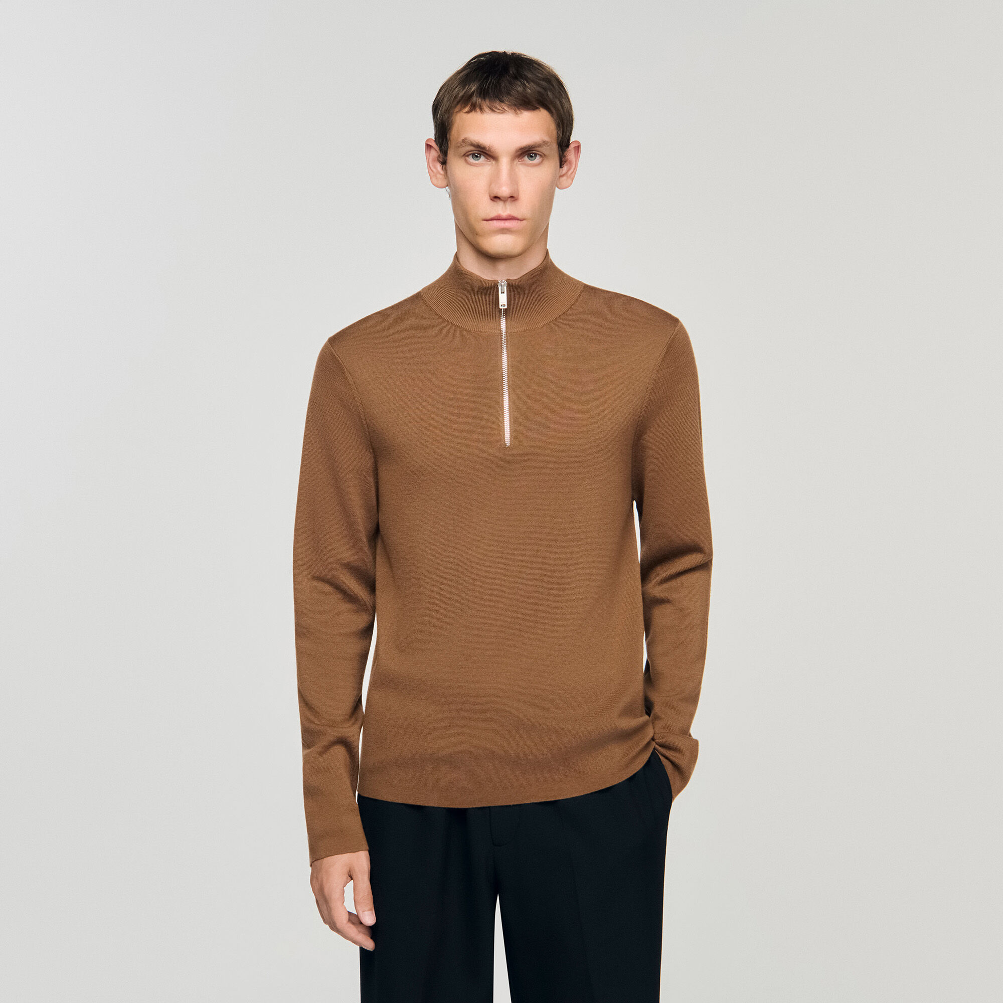 Wool sweater with zip collar