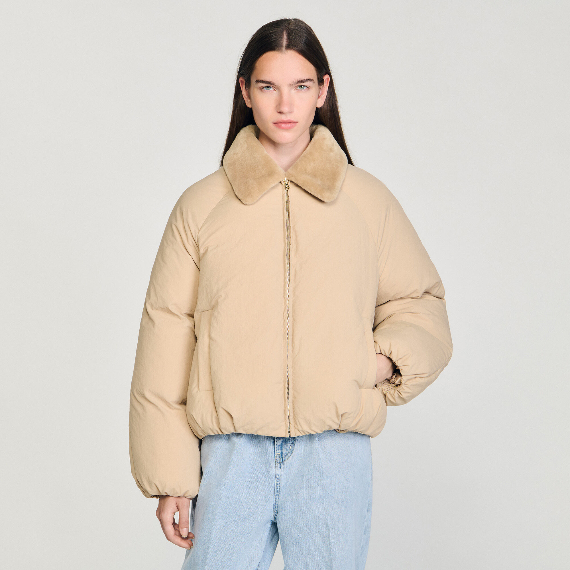 Puffer jacket with faux shearling collar