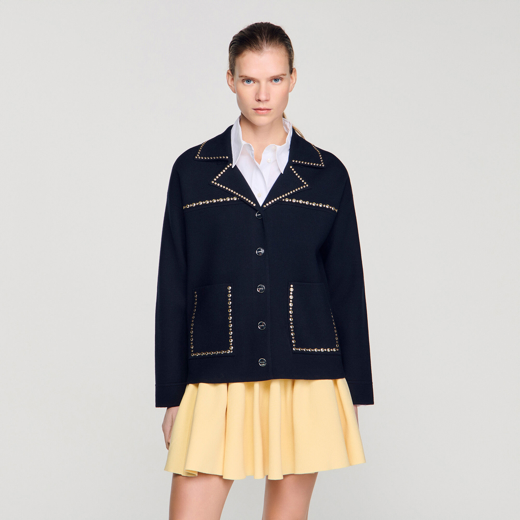 Studded blazer collar cardigan