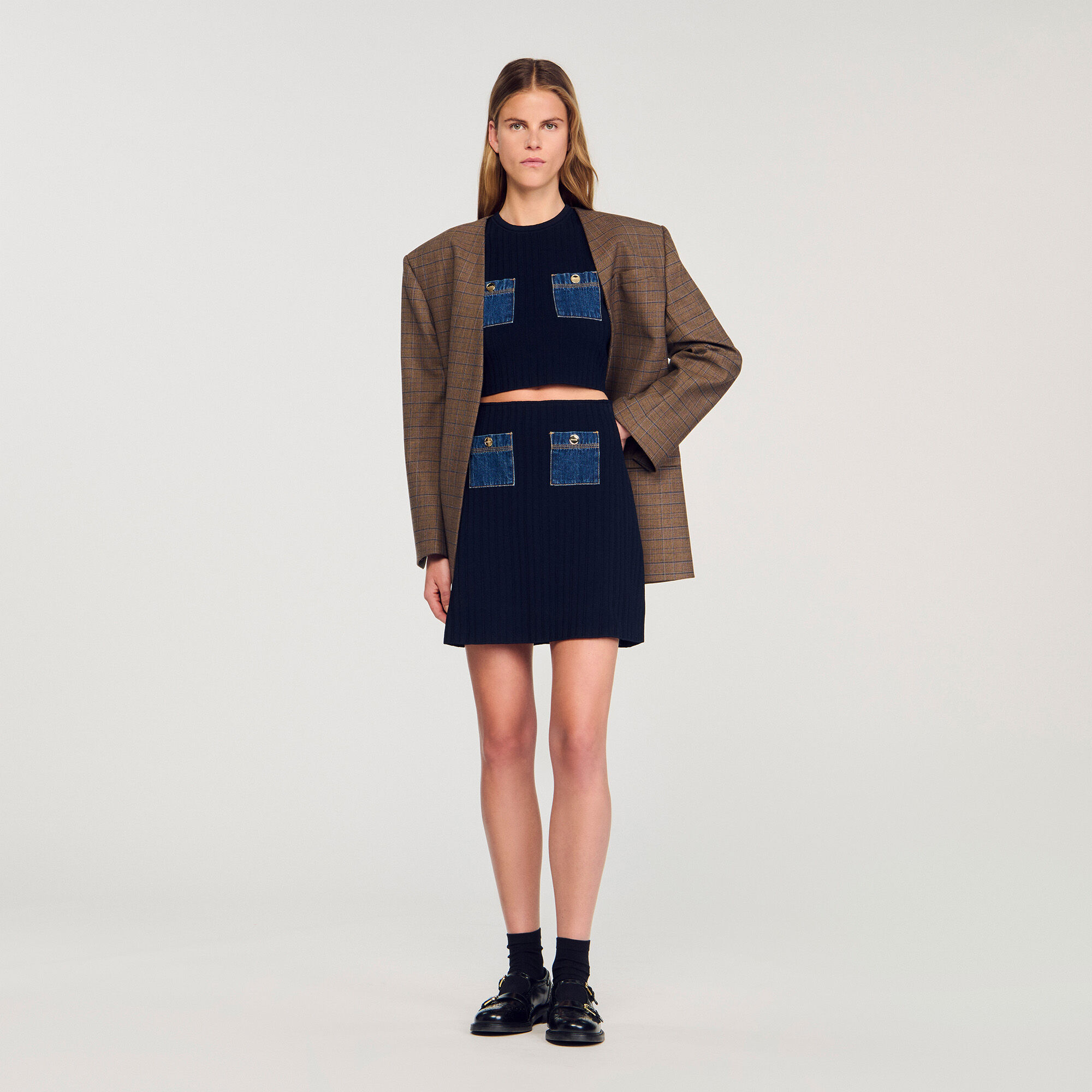 Mini knit and denim skirt