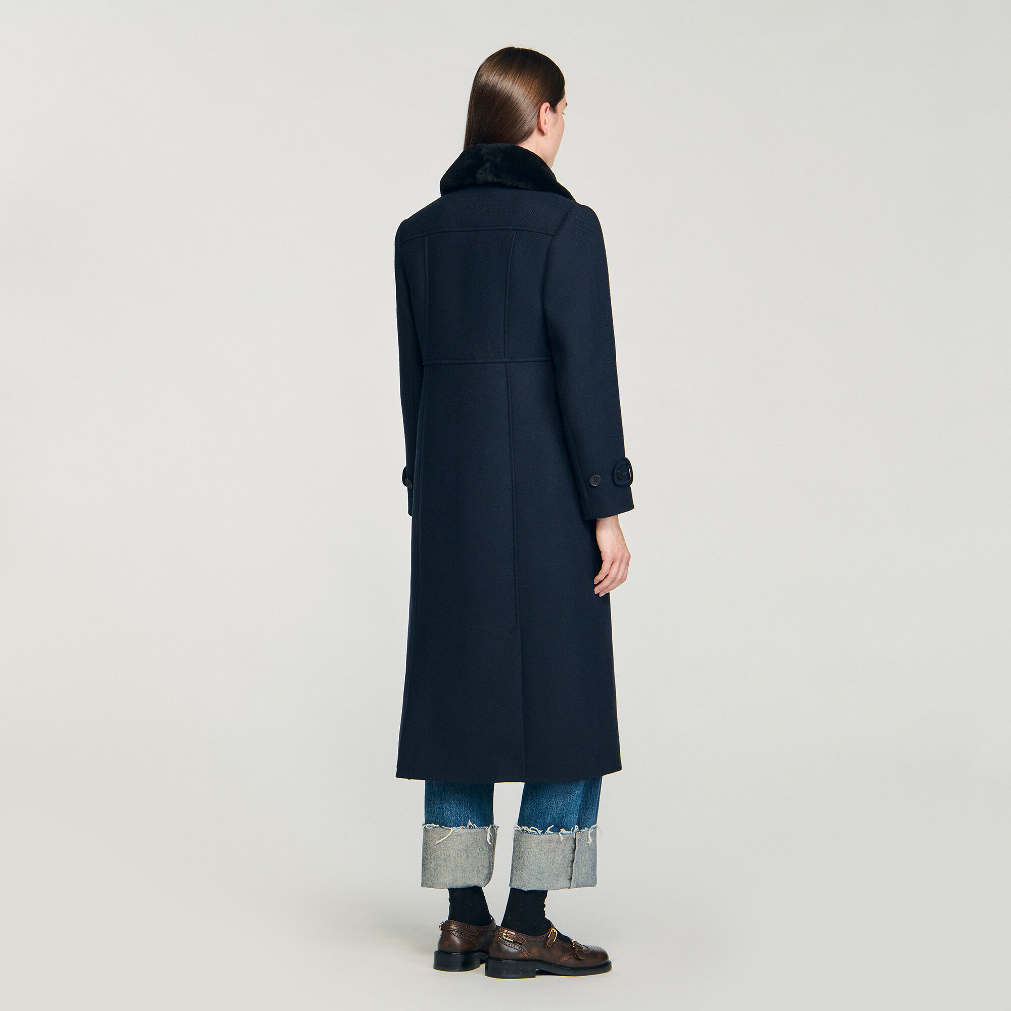 Coat with removable shearling collar