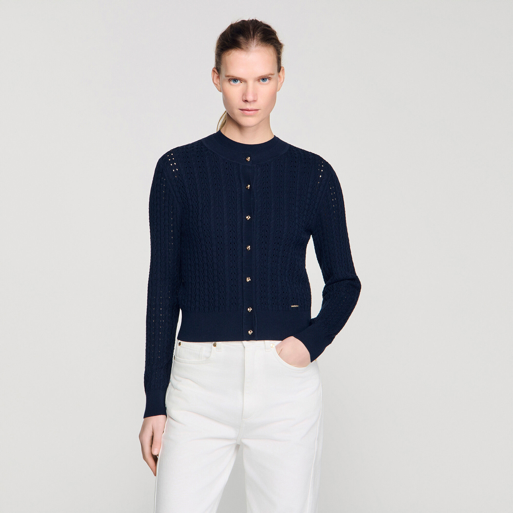 Cropped textured knit cardigan