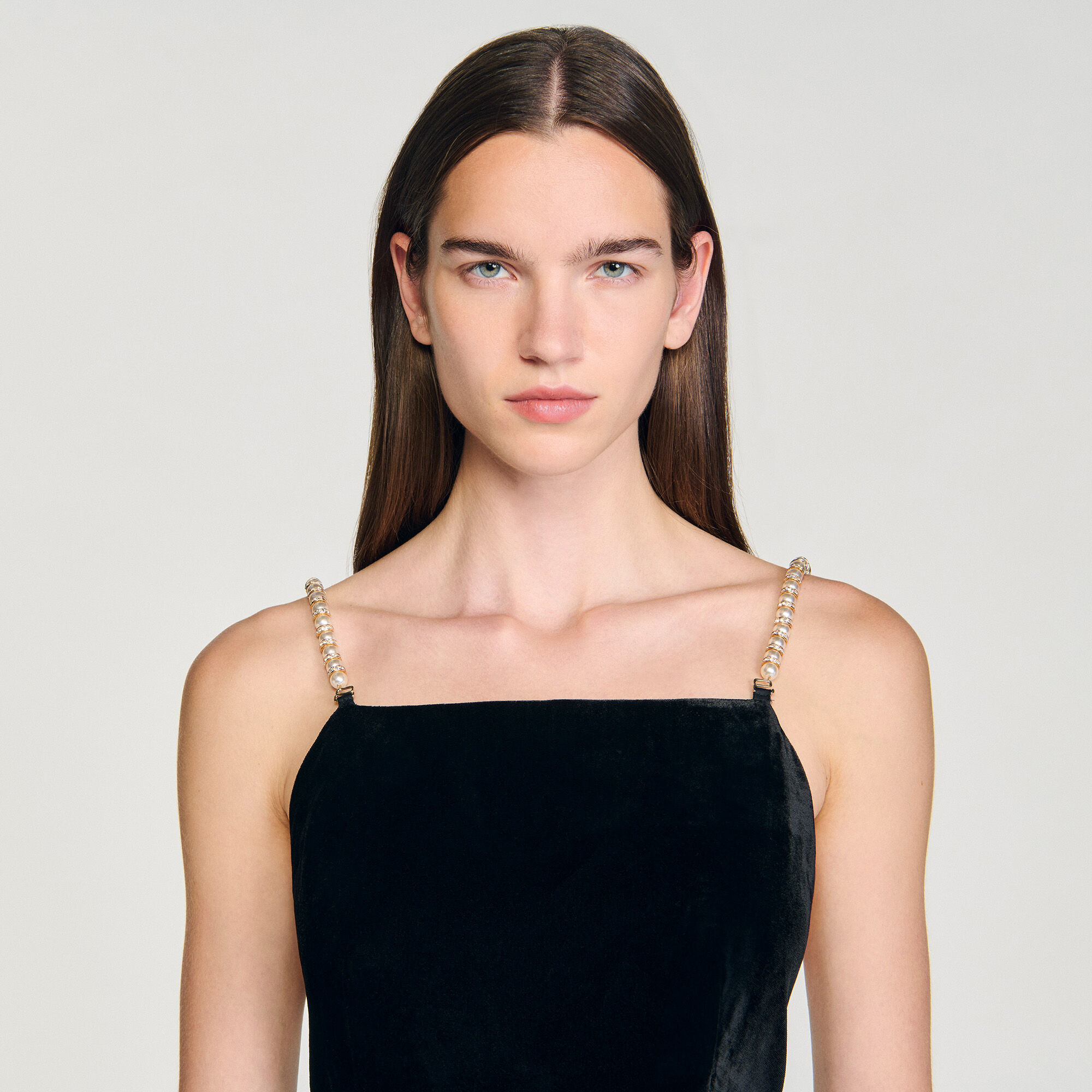 Velvet jumpsuit with removable straps