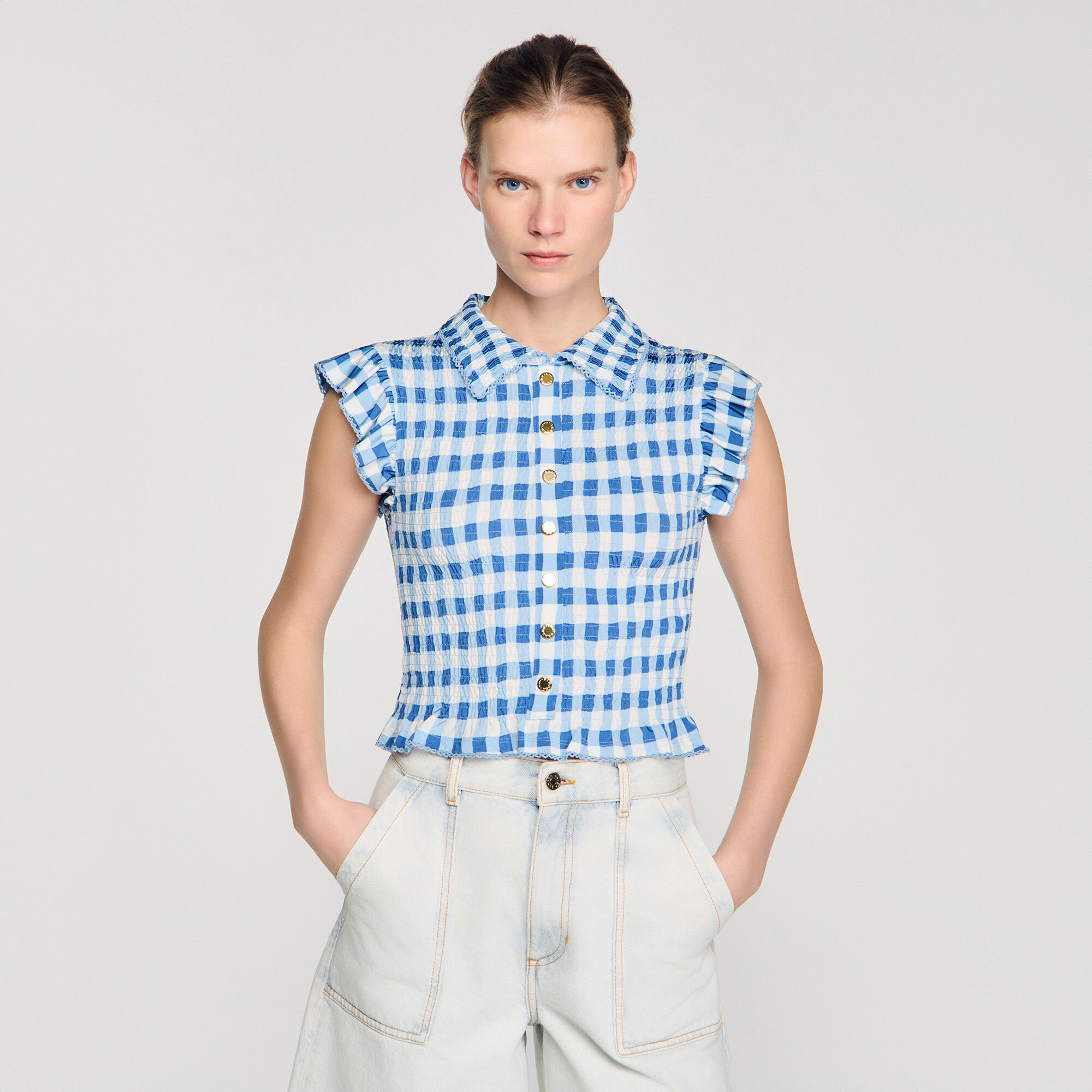 Check smocked shirt