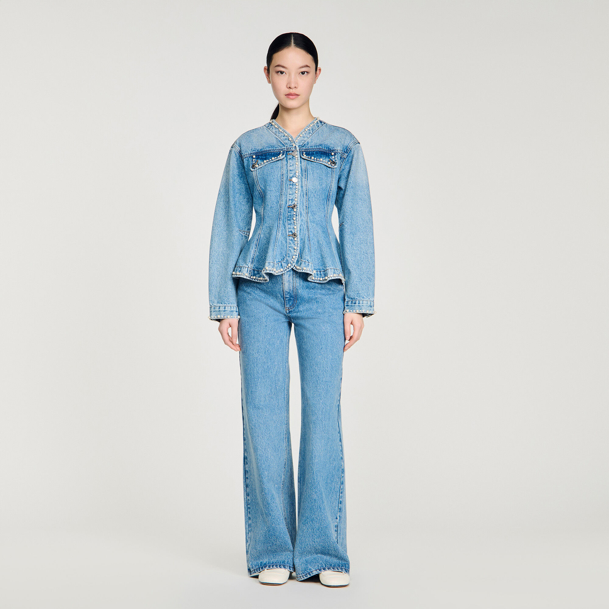 Beaded denim peplum jacket