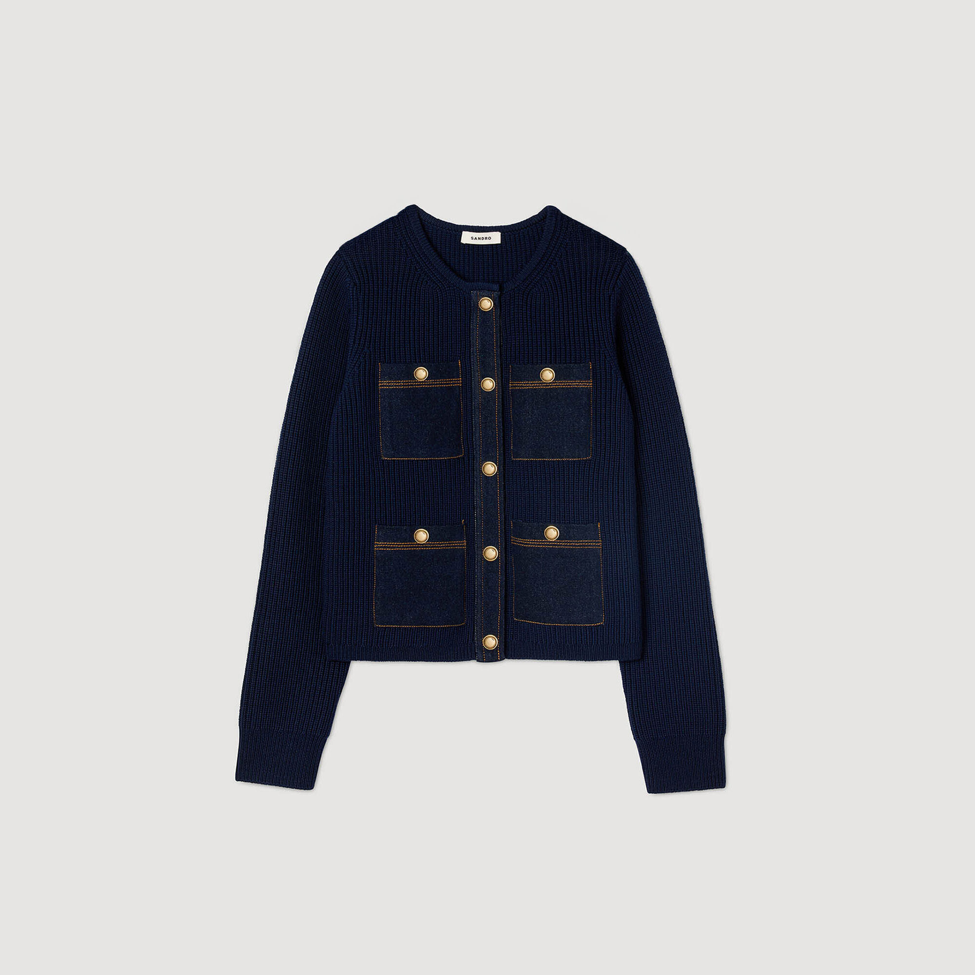 Denim detail rib knit cardigan