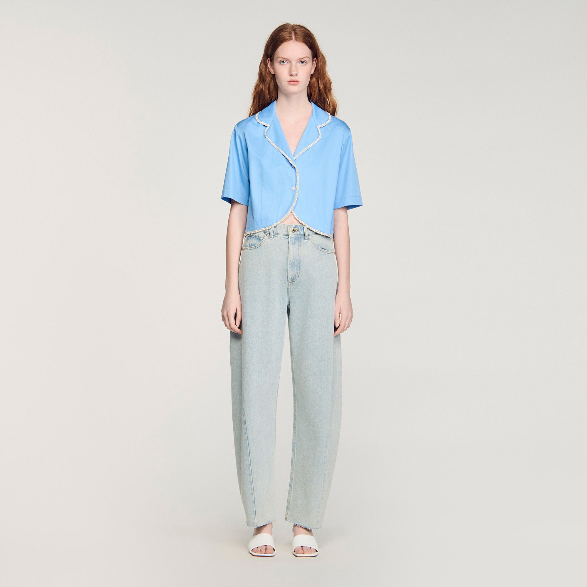 Cotton shirt with beaded trim