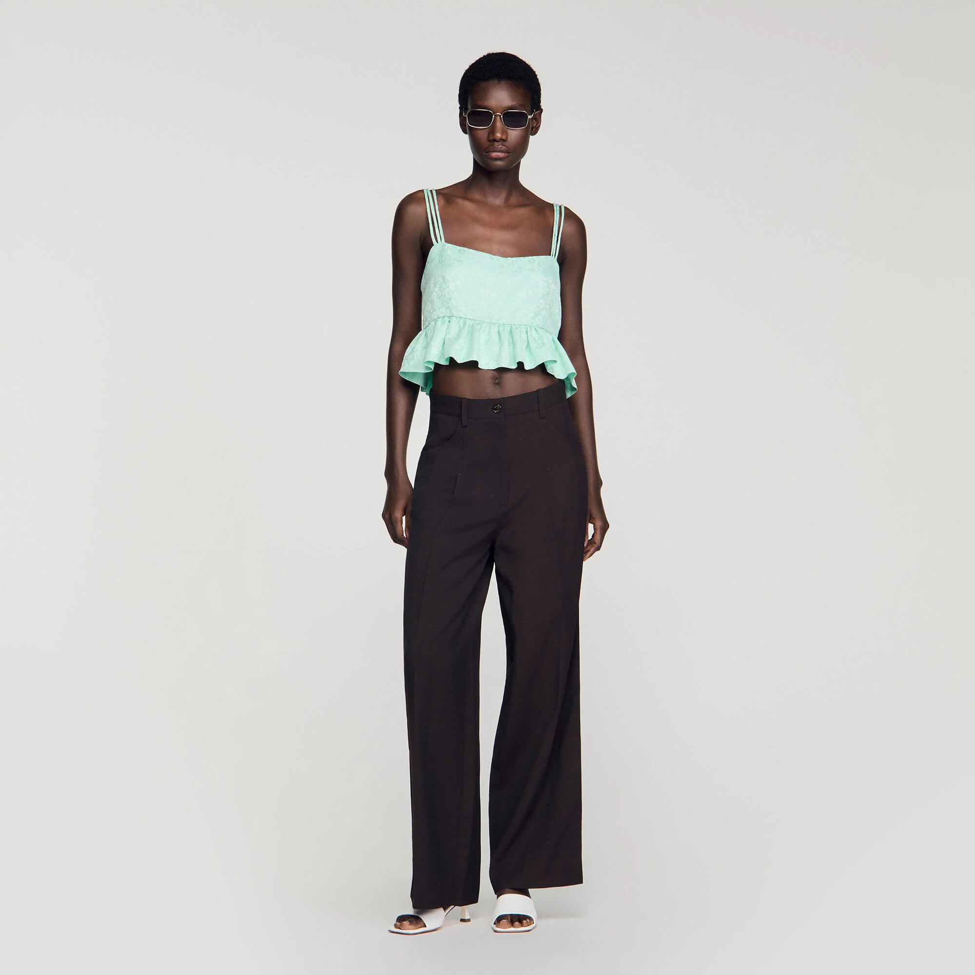 Floral jacquard ruffle crop top