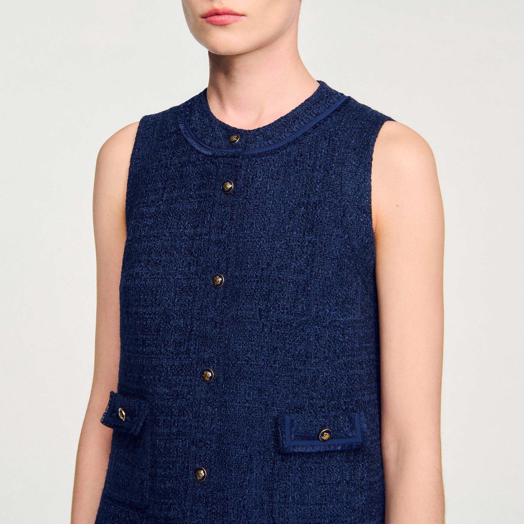 Gold button mini tweed dress