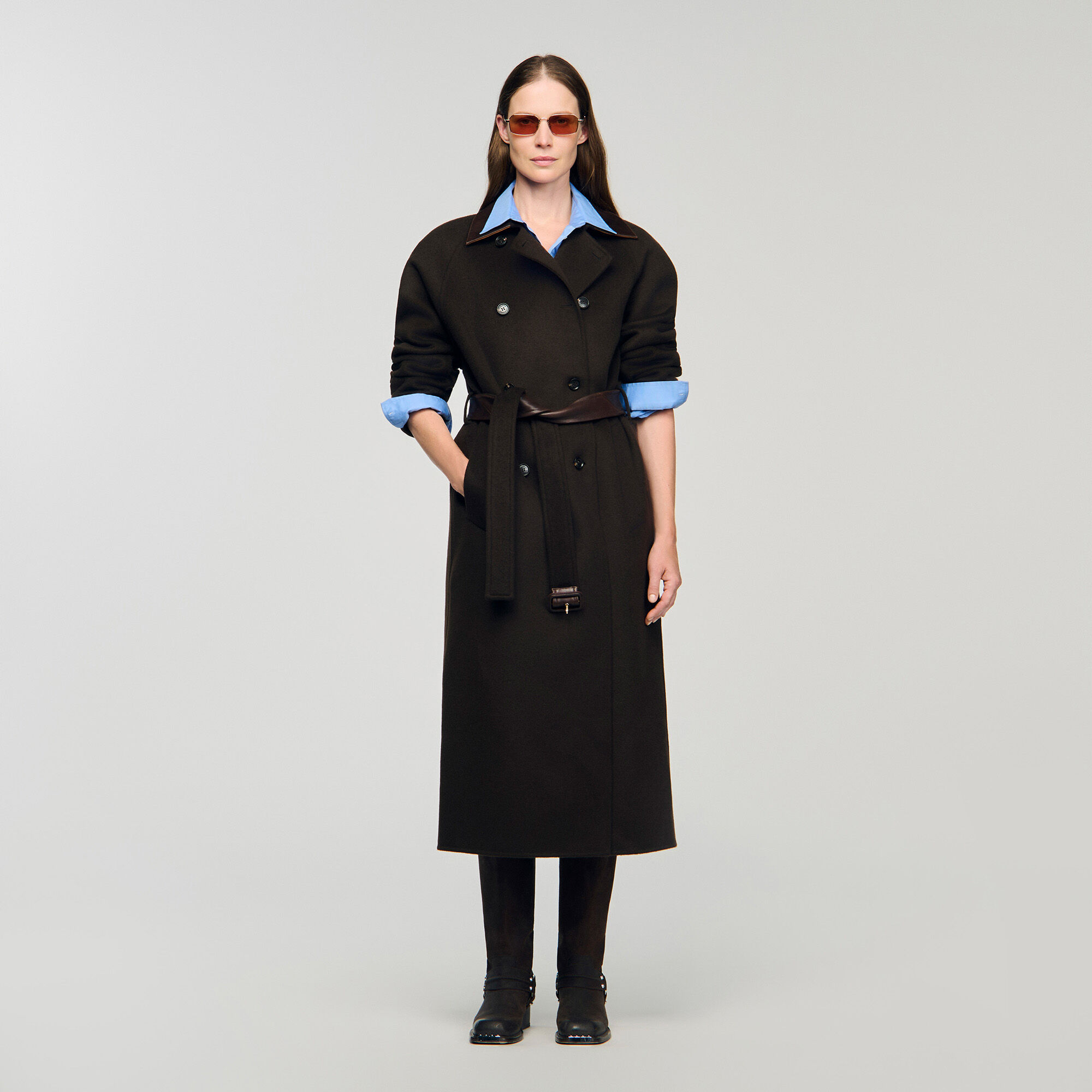 Long wool and leather coat