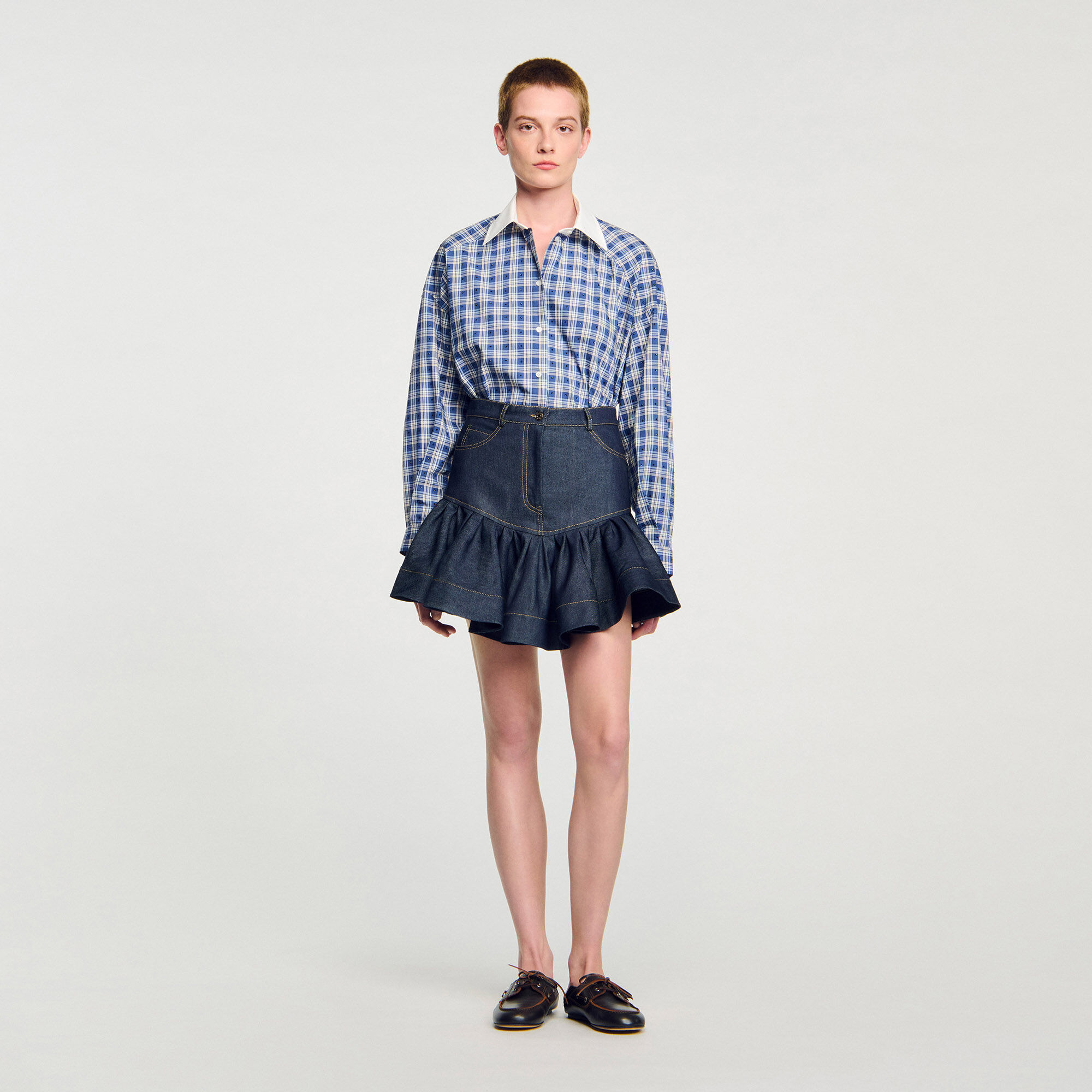 Mini denim ruffled skirt
